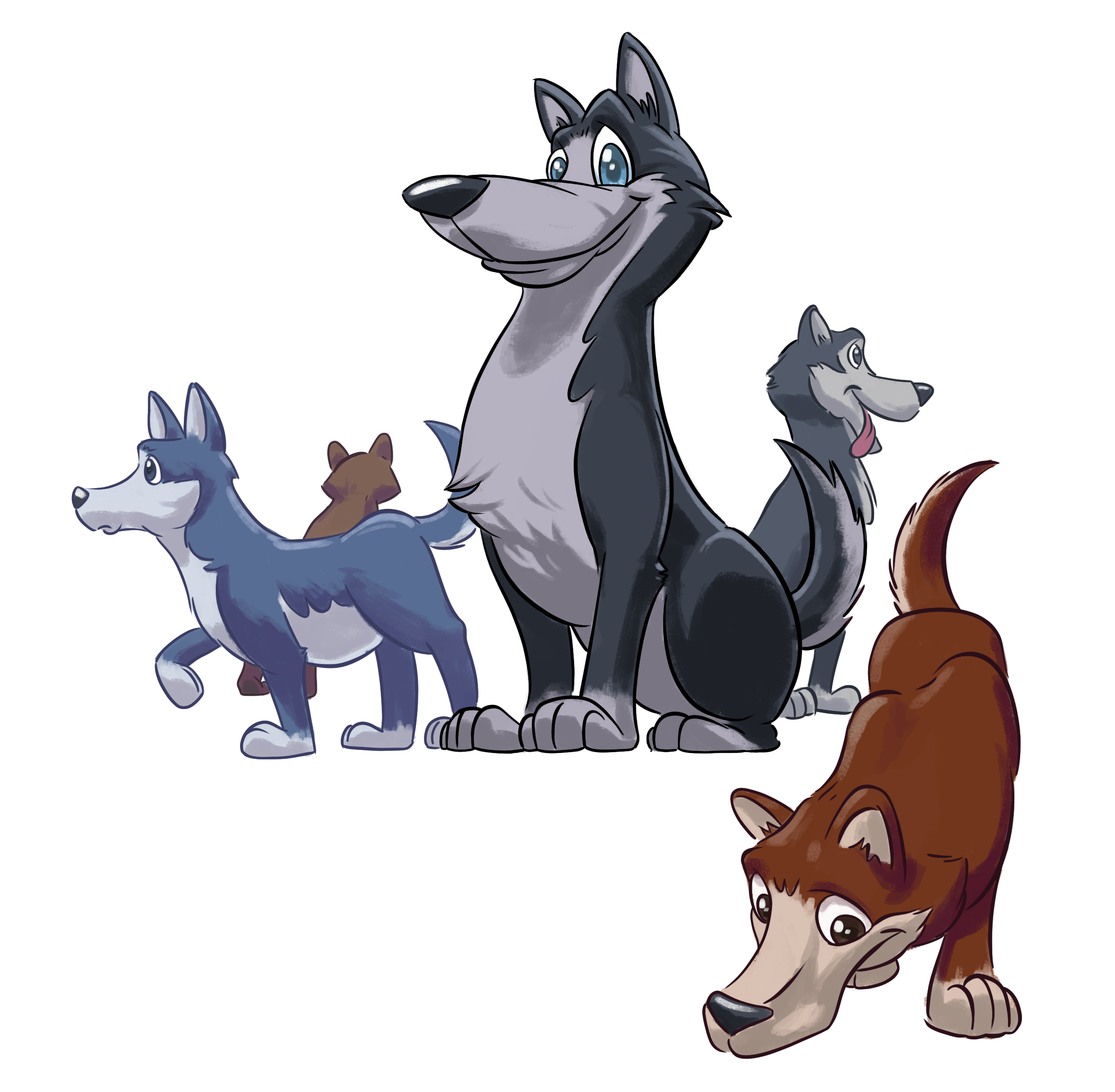 Illustration von 5 Huskys die sich neugierig umschauen