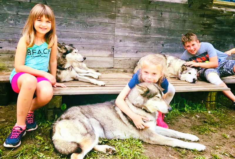 Huskyparty Bild mit 2 Mädchen und einem Buben, die gerade mit den Huskys spielen