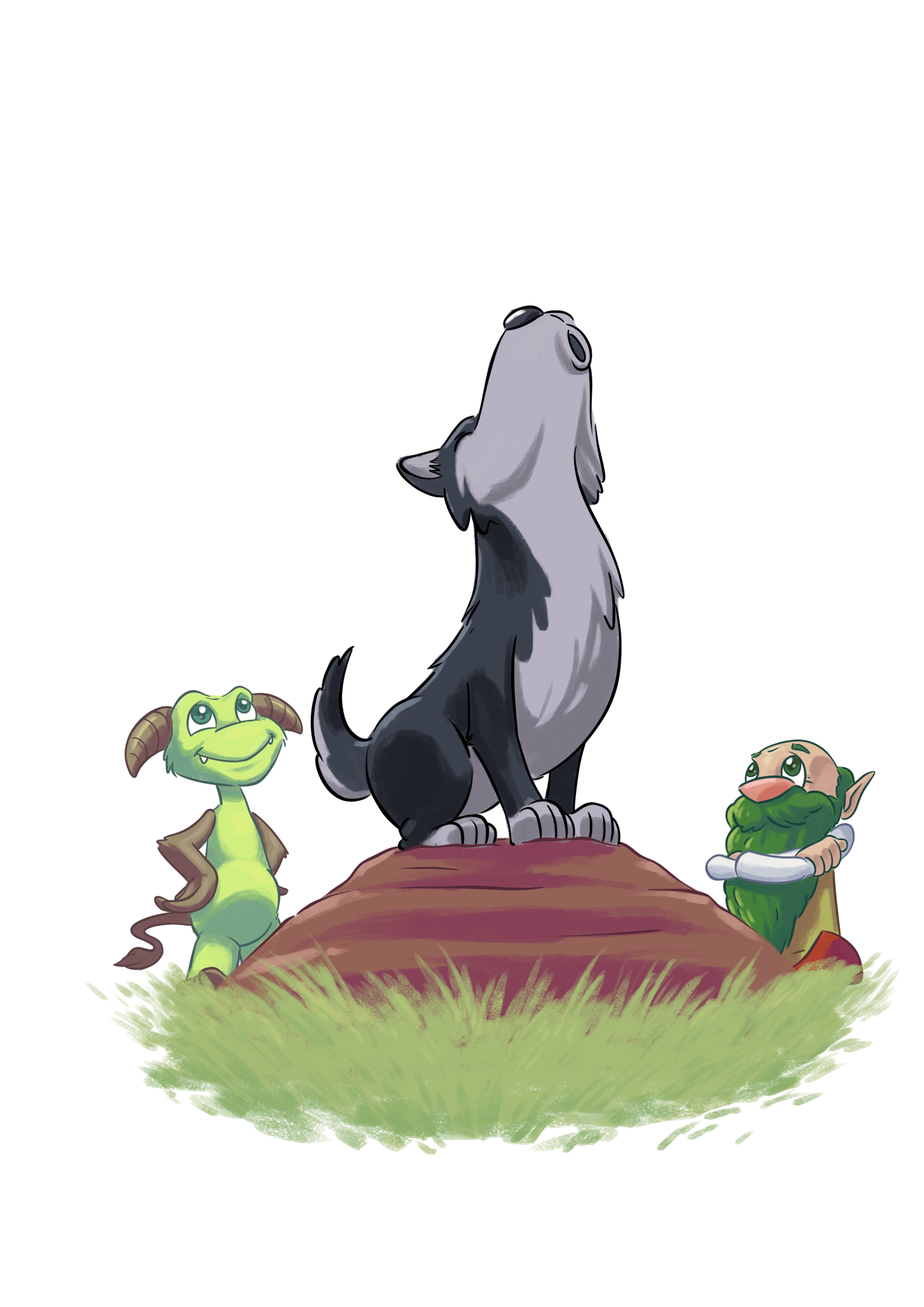 Illustration von einem heulenden Husky und 2 süßen kleinen grünen Monstern